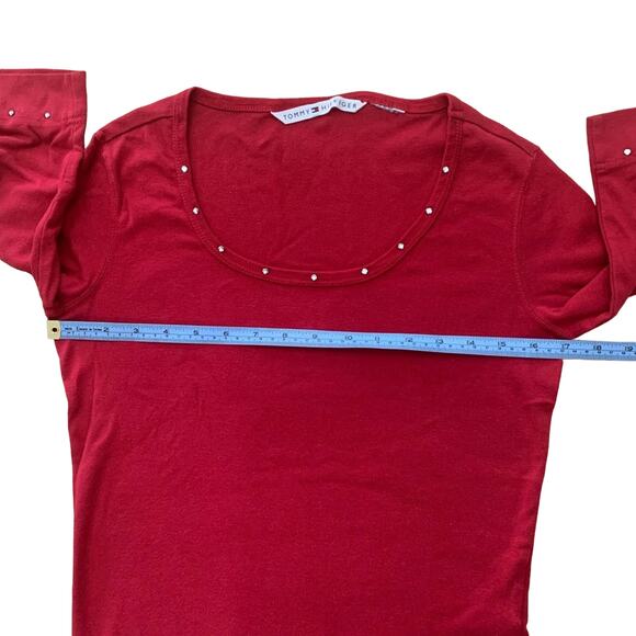 Tommy Hilfiger Tee Size M Vintage 90s y2k Red Cotton Rhinestone - Picture 9 of 10